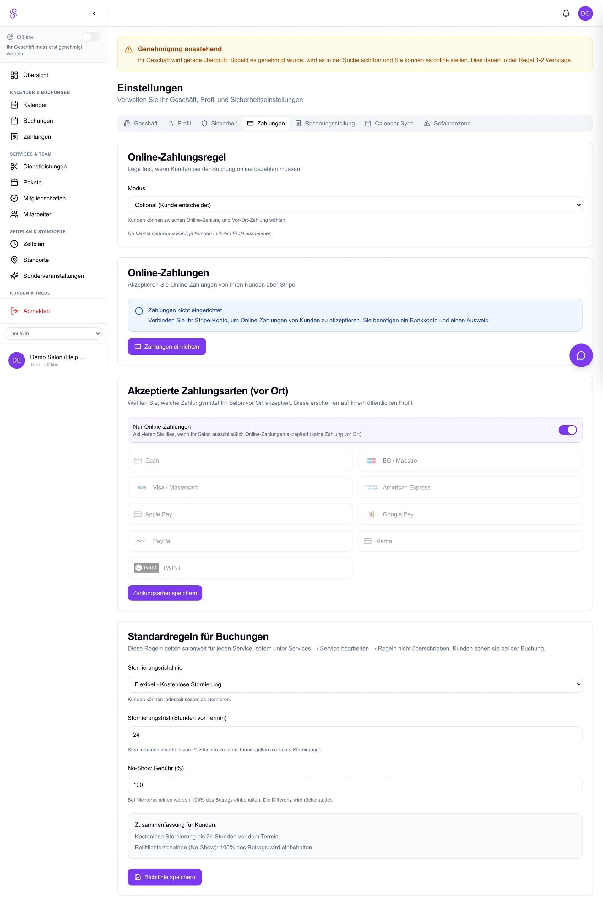 Réglages Paiements Connecter Salonify Payments